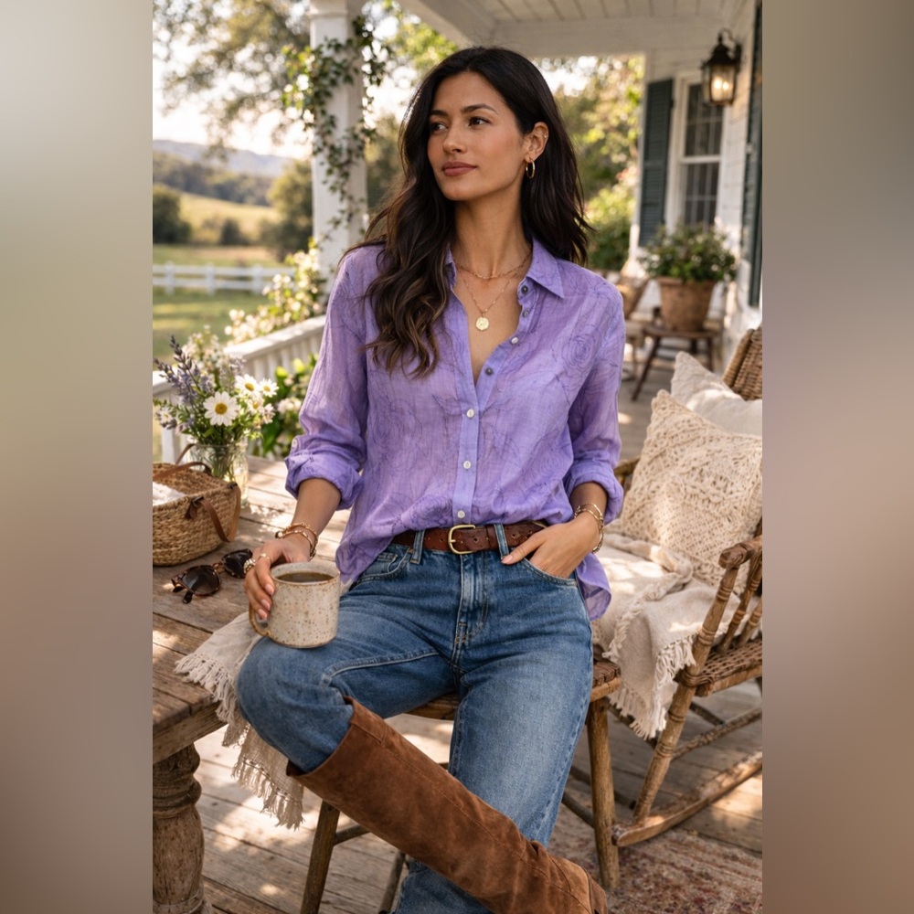 French Laundry Linen Silk Embroidered Blouse Lavender Spring Summer Western Boho